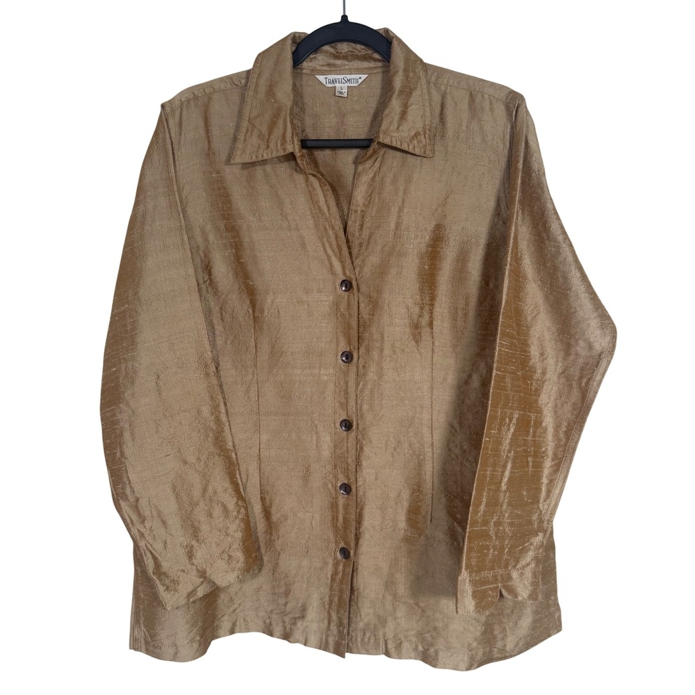TravelSmith Womens Gold 100% Silk Button Down Blouse Size L 61364 India